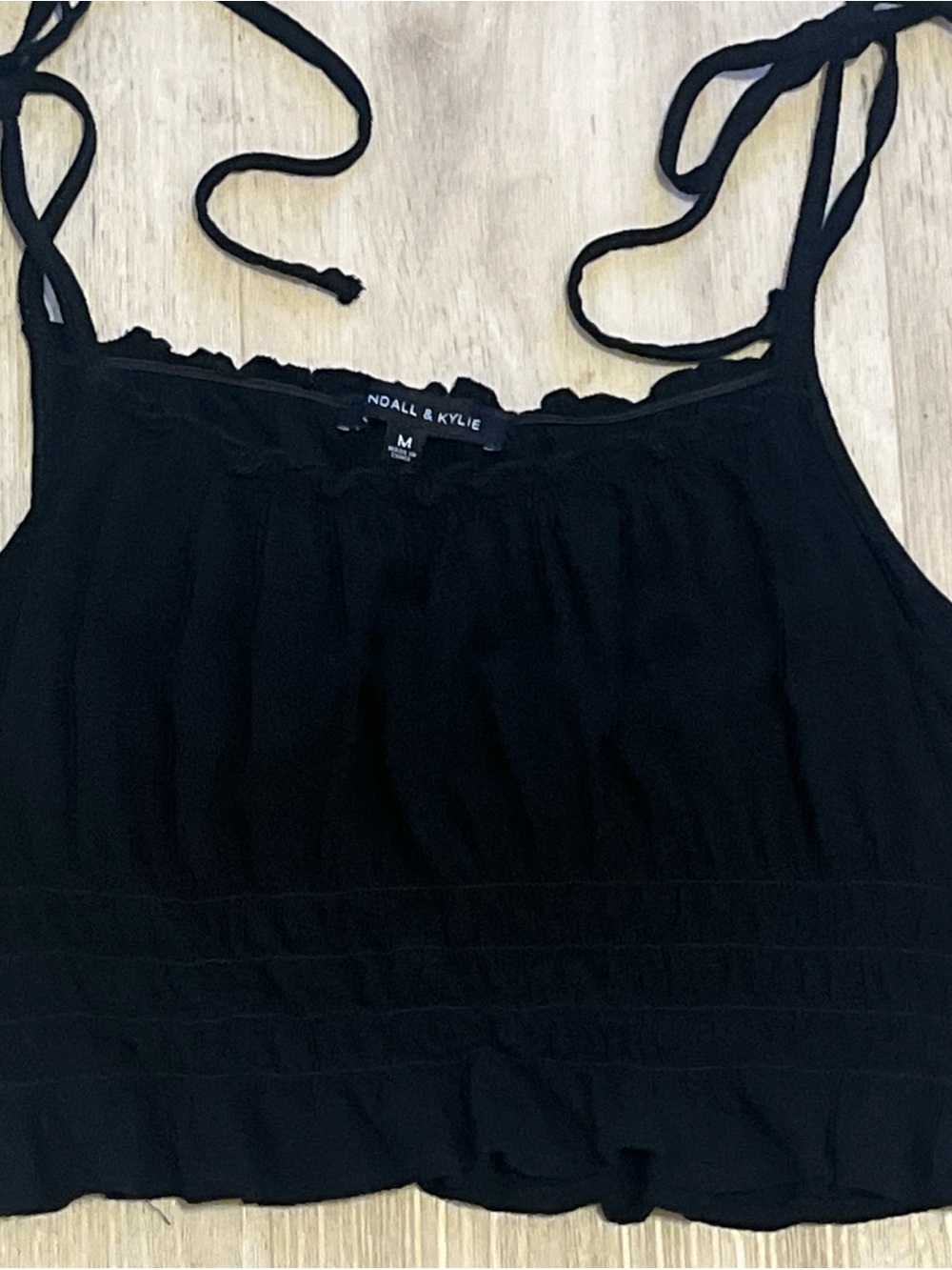 Kendall & Kylie Black Smocked Tie-Shoulder Crop Camisole